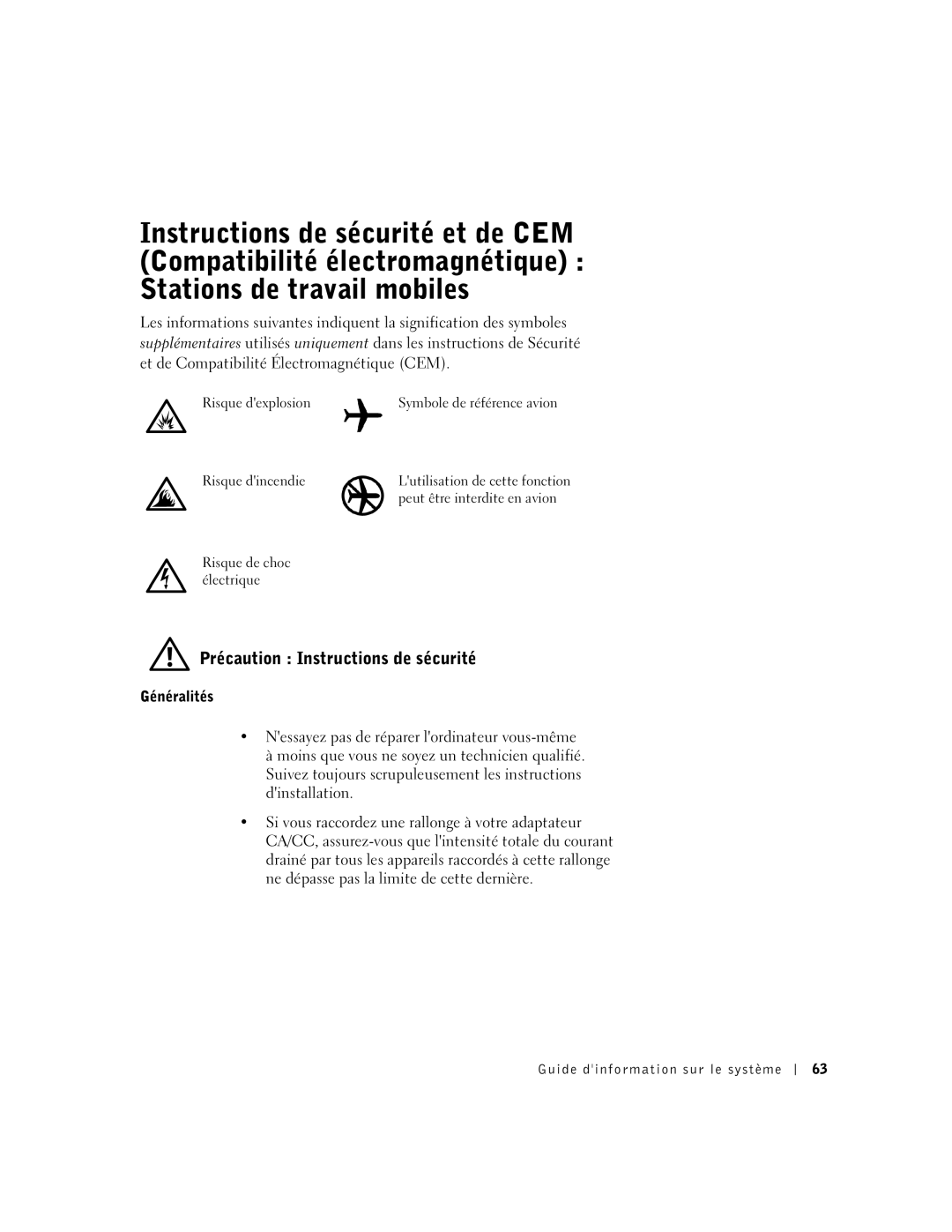 Dell M50 manual Précaution Instructions de sécurité, Généralités, Guide dinformation sur le système 