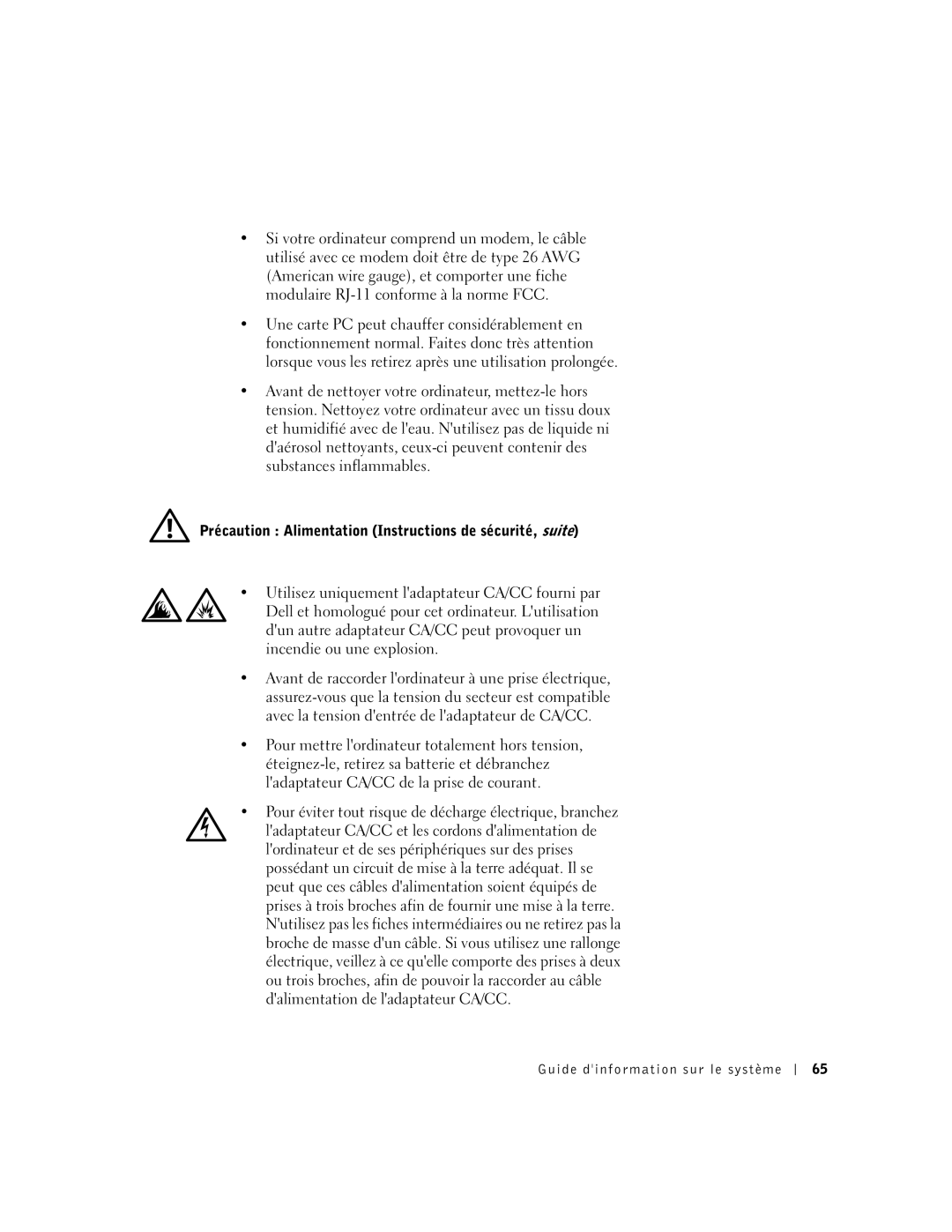 Dell M50 manual Précaution Alimentation Instructions de sécurité, suite 