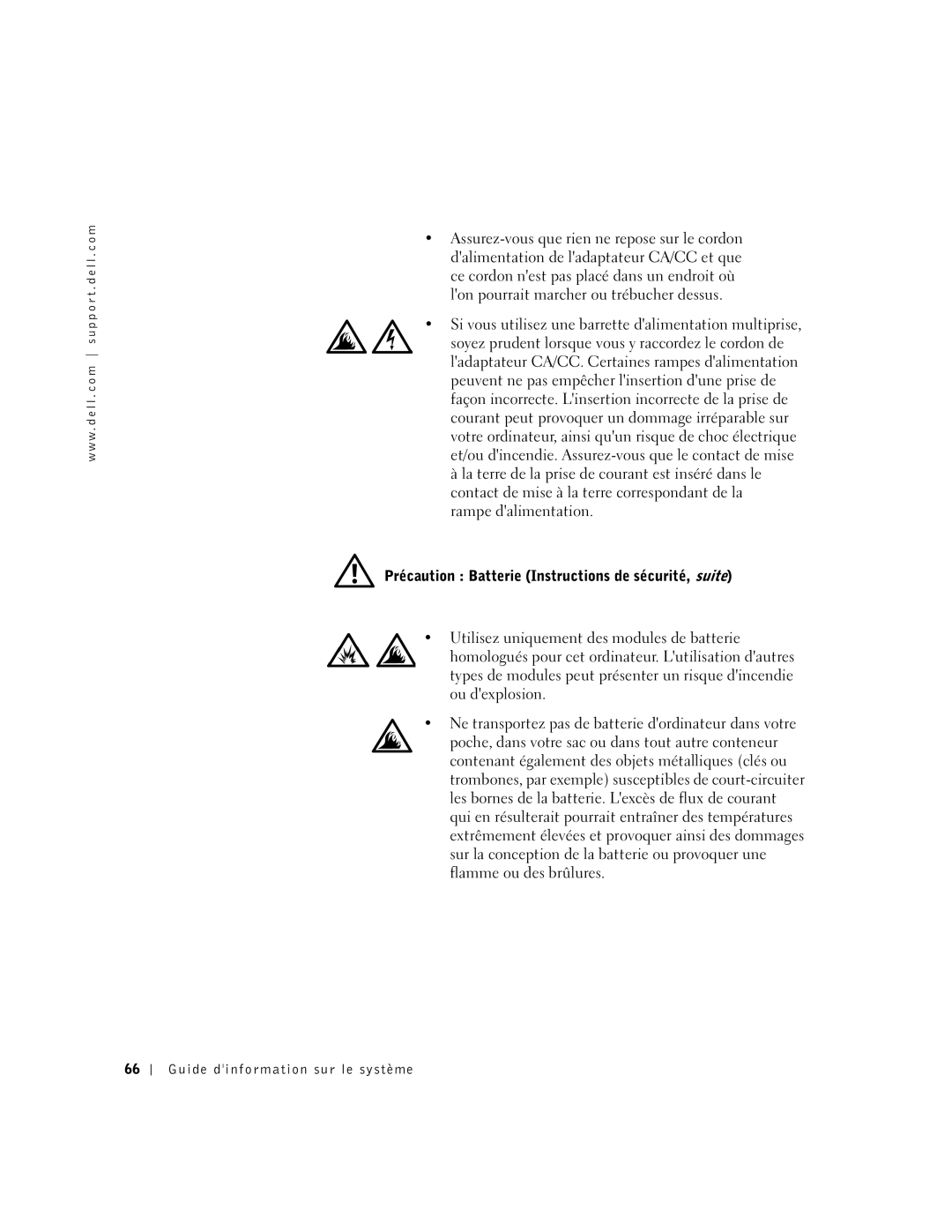 Dell M50 manual Précaution Batterie Instructions de sécurité, suite 