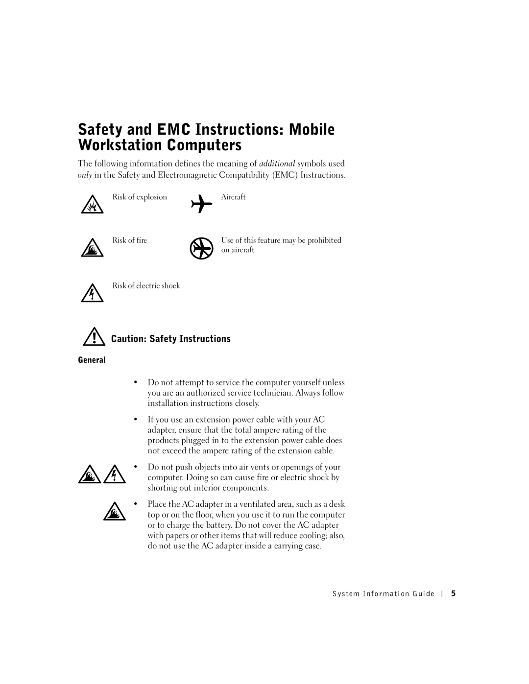 Dell M50 manual Safety and EMC Instructions Mobile Workstation Computers, General, System Information Guide 