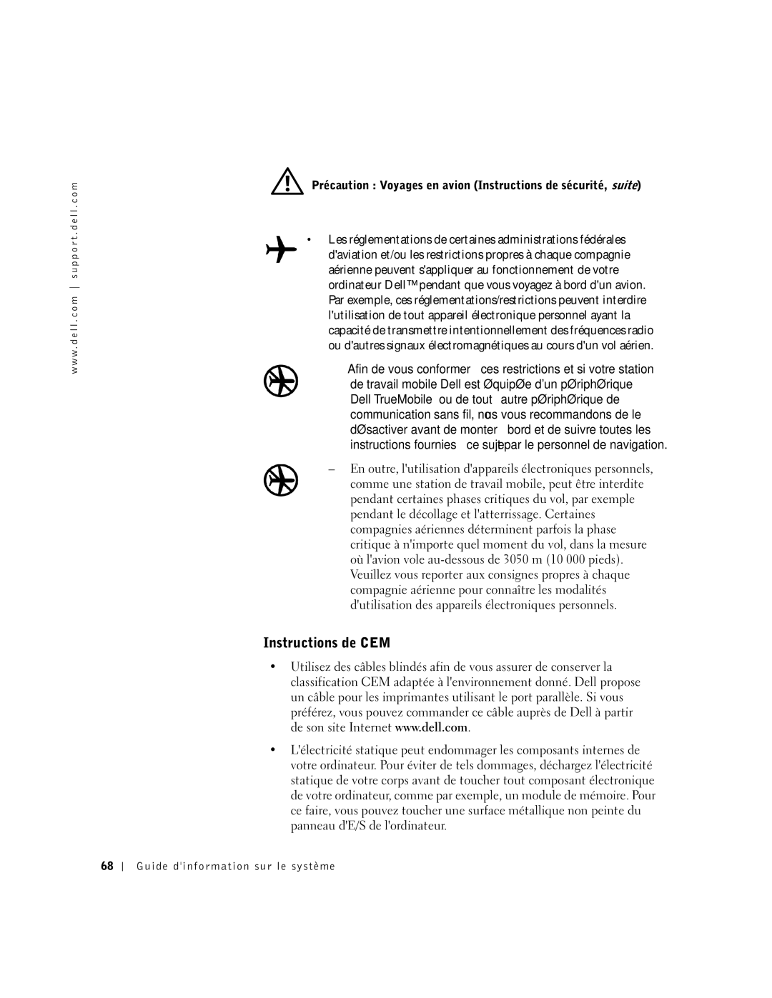 Dell M50 manual Instructions de CEM, Précaution Voyages en avion Instructions de sécurité, suite 