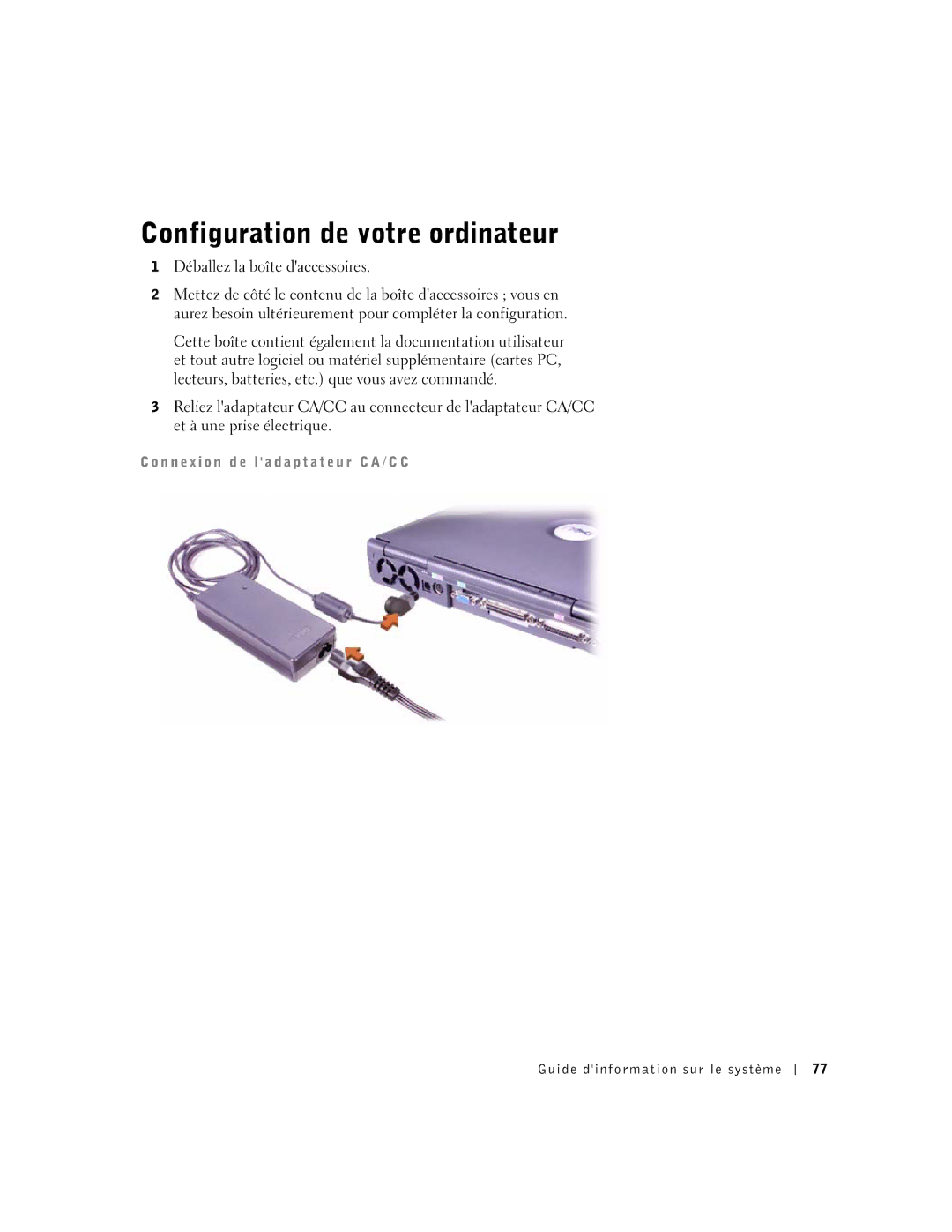 Dell M50 manual Configuration de votre ordinateur, N n ex i o n d e l a d a p t a t e u r C a / C C 