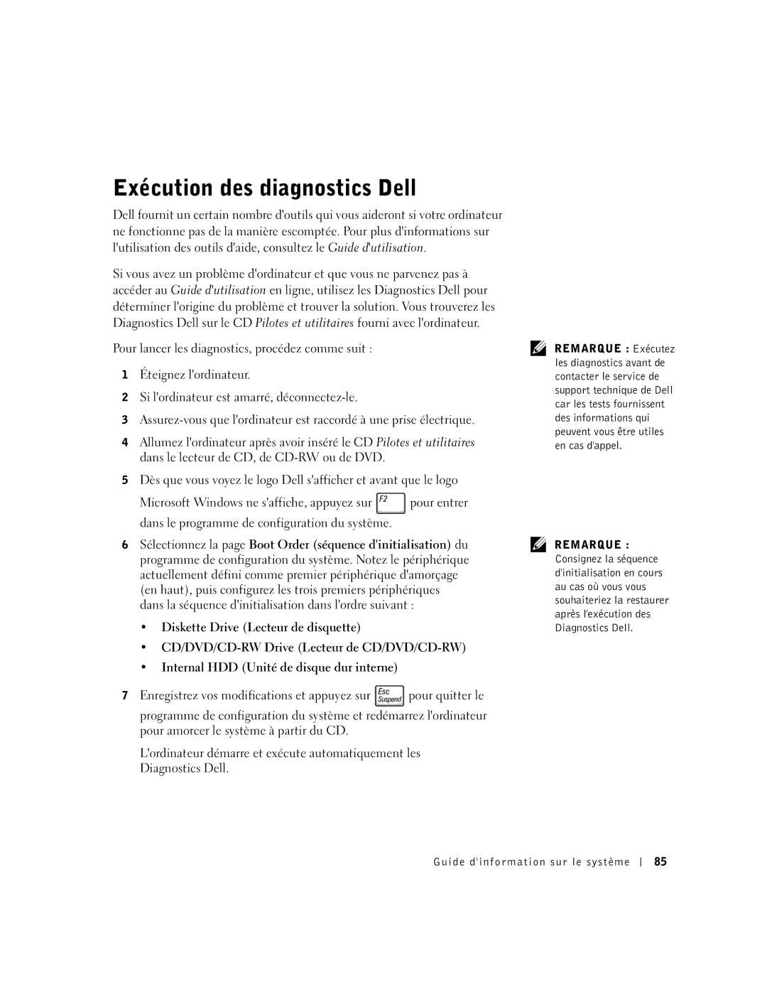 Dell M50 manual Exécution des diagnostics Dell 