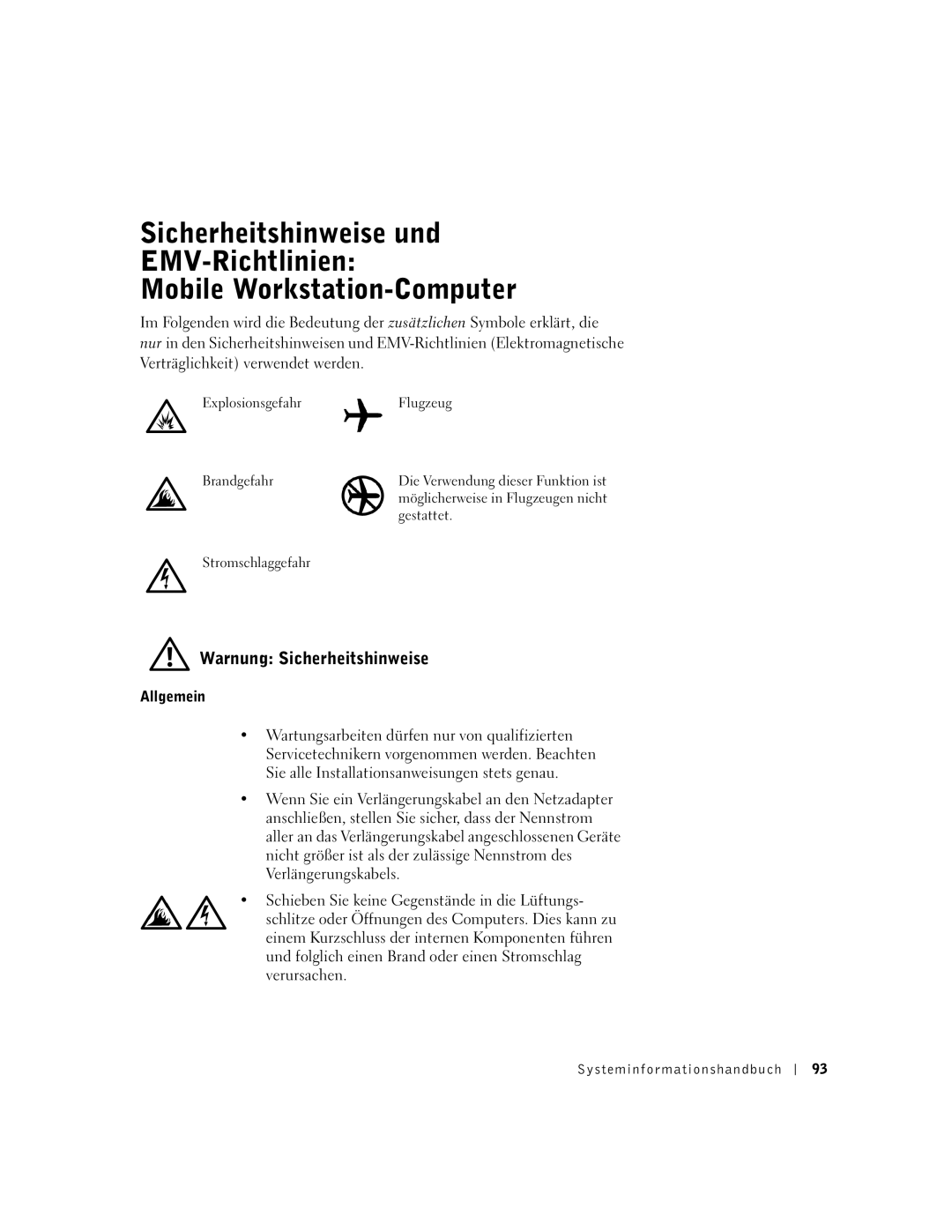 Dell M50 manual Warnung Sicherheitshinweise, Allgemein, Systeminfor mationshandbuch 