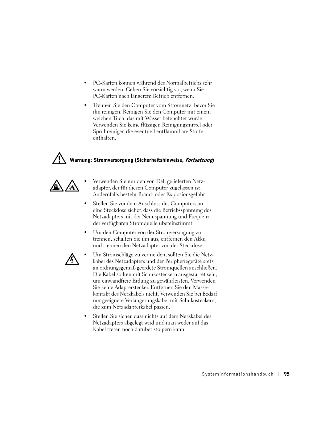 Dell M50 manual Warnung Stromversorgung Sicherheitshinweise, Fortsetzung 