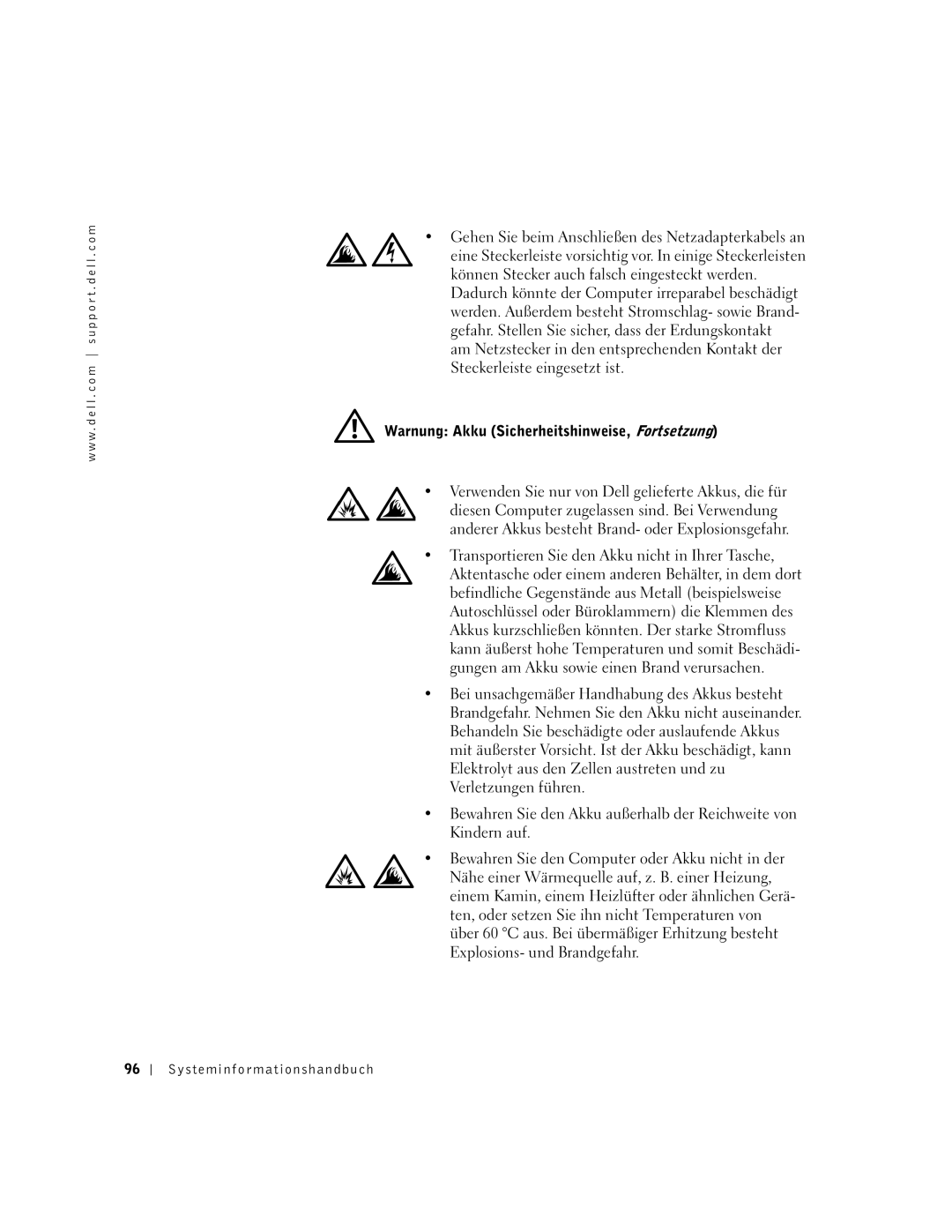 Dell M50 manual Warnung Akku Sicherheitshinweise, Fortsetzung 