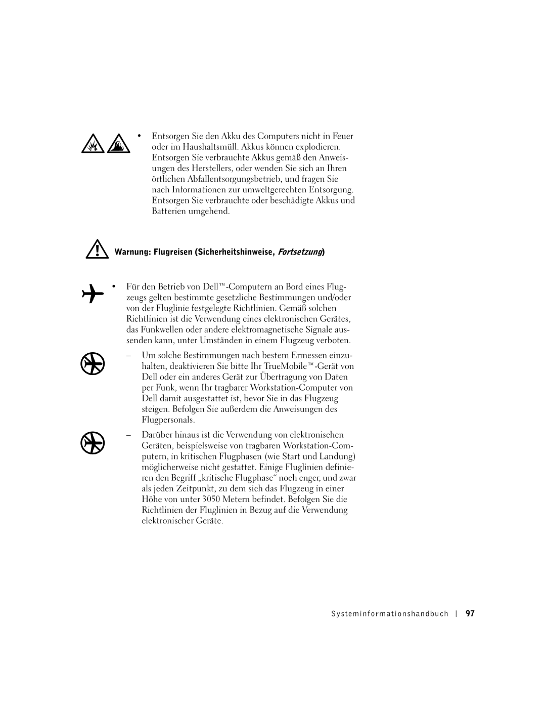 Dell M50 manual Warnung Flugreisen Sicherheitshinweise, Fortsetzung 