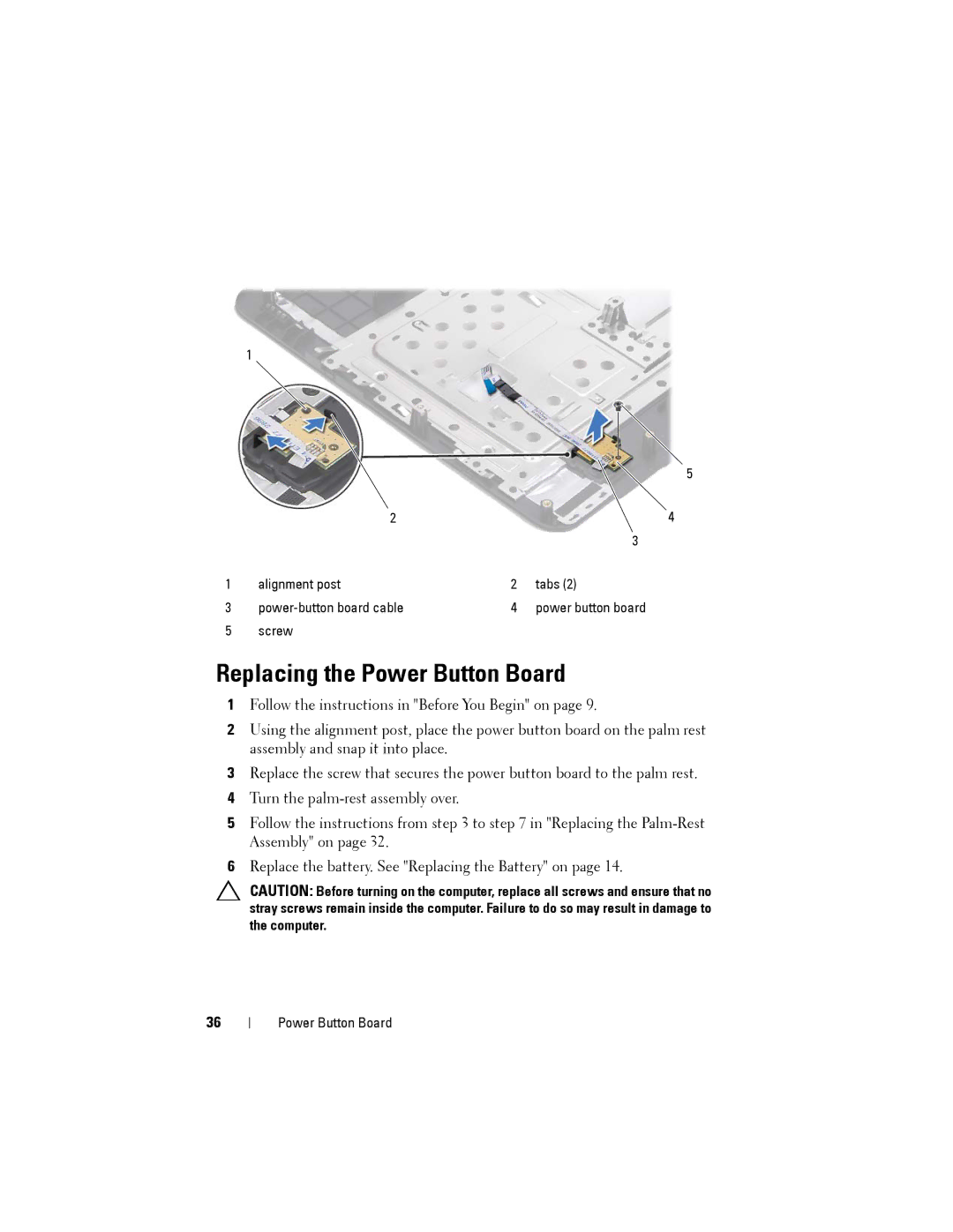 Dell M5040 owner manual Replacing the Power Button Board 