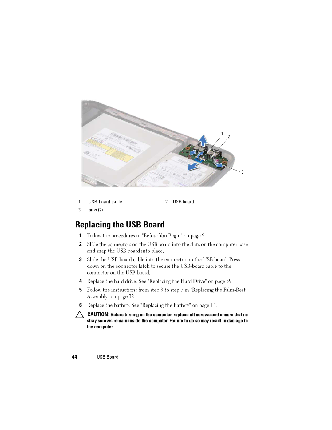 Dell M5040 owner manual Replacing the USB Board 