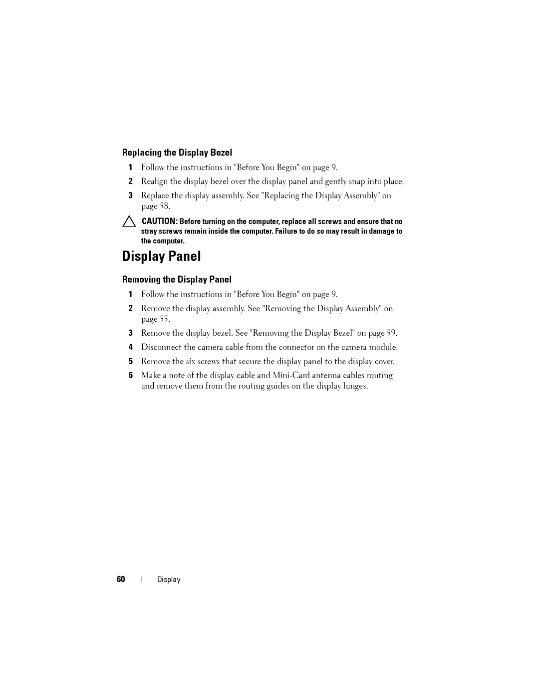 Dell M5040 owner manual Display Panel, Replacing the Display Bezel 