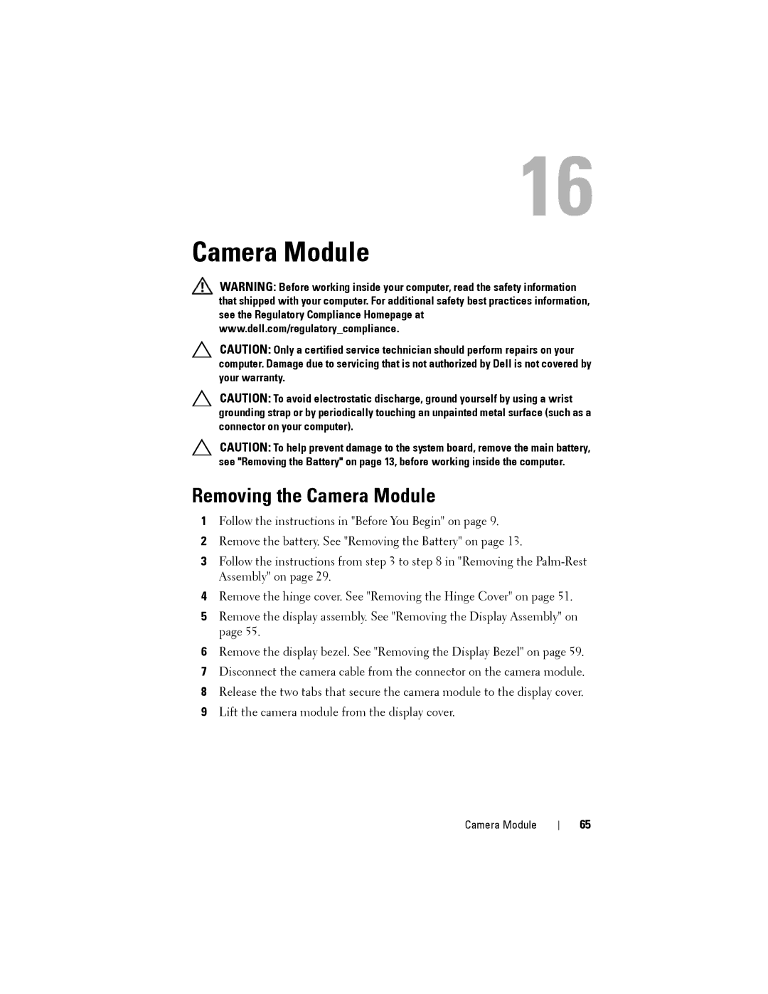 Dell M5040 owner manual Removing the Camera Module 