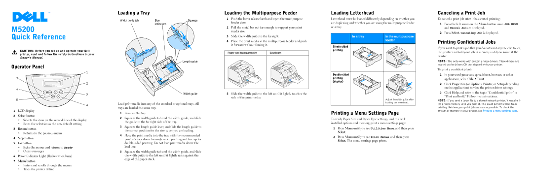 Dell M5200 owner manual Operator Panel, Loading a Tray, Loading the Multipurpose Feeder, Loading Letterhead 