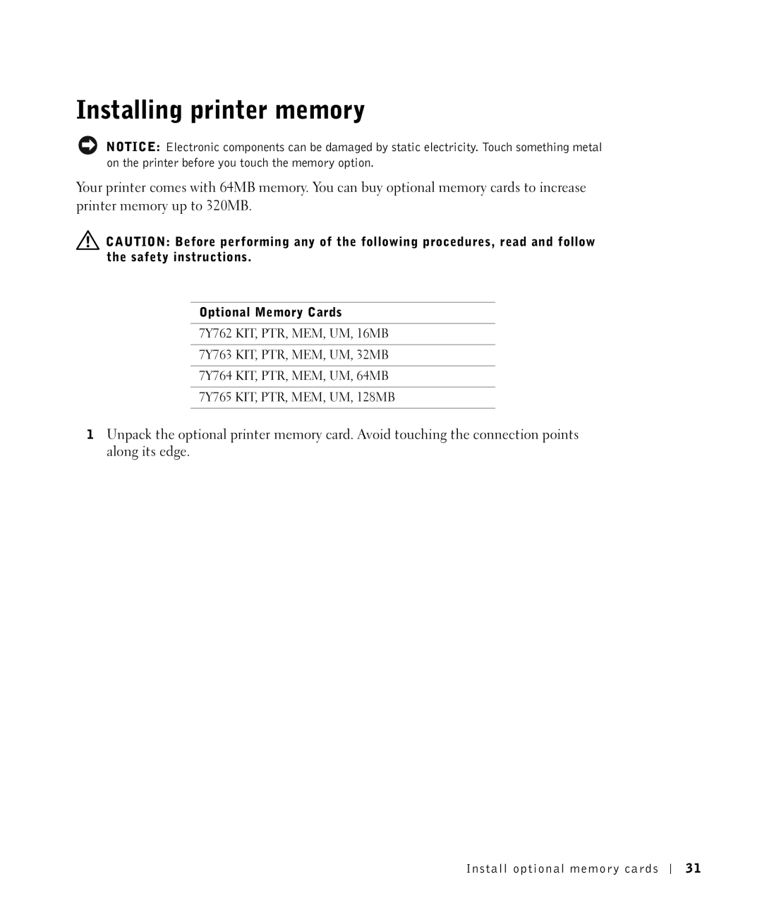 Dell M5200 owner manual Installing printer memory, Optional Memory Cards 