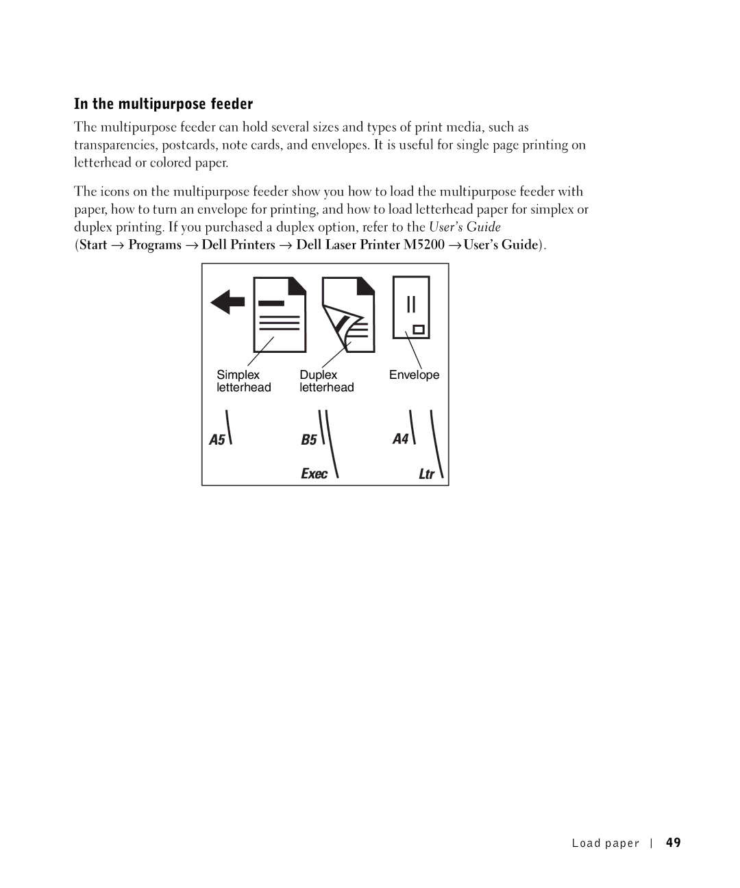 Dell M5200 owner manual Multipurpose feeder 