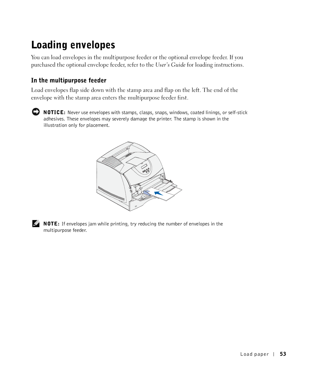 Dell M5200 owner manual Loading envelopes, Multipurpose feeder 