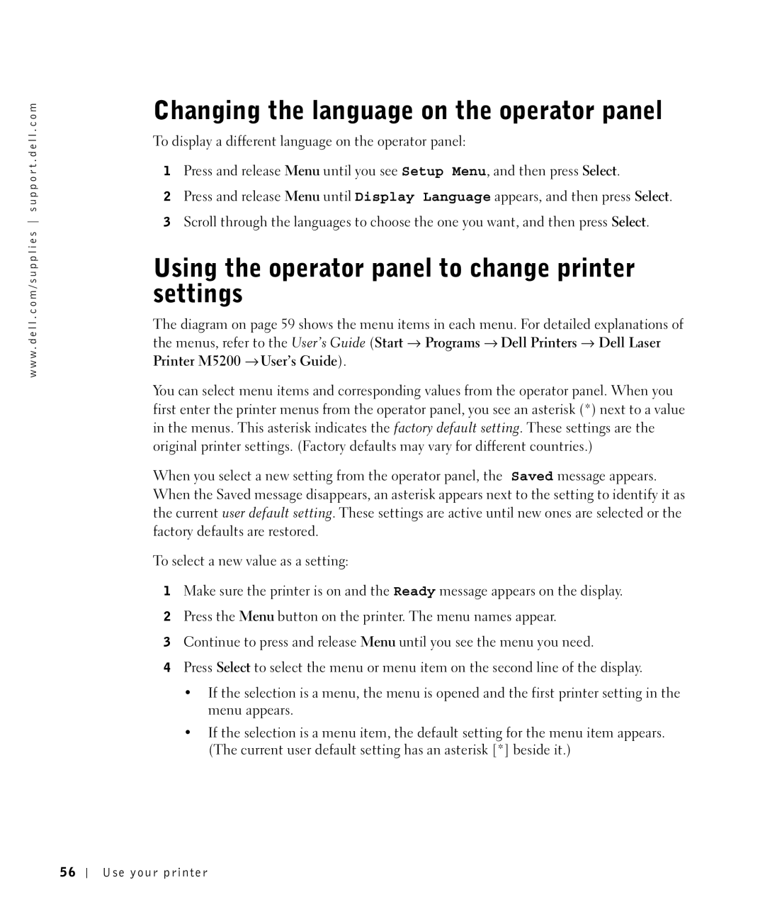 Dell M5200 owner manual Changing the language on the operator panel, Using the operator panel to change printer settings 