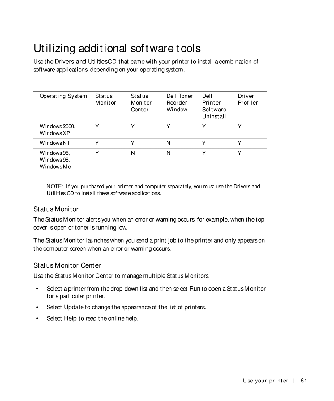 Dell M5200 owner manual Utilizing additional software tools, Status Monitor Center 