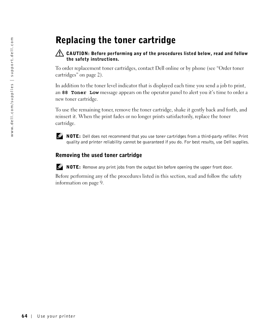 Dell M5200 owner manual Replacing the toner cartridge, Removing the used toner cartridge 