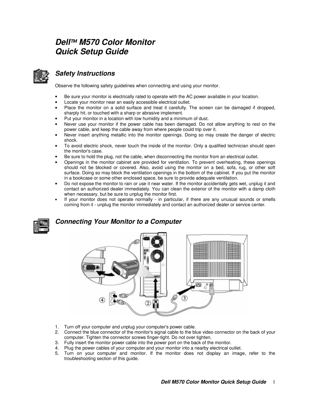 Dell M570 setup guide Safety Instructions, Connecting Your Monitor to a Computer 