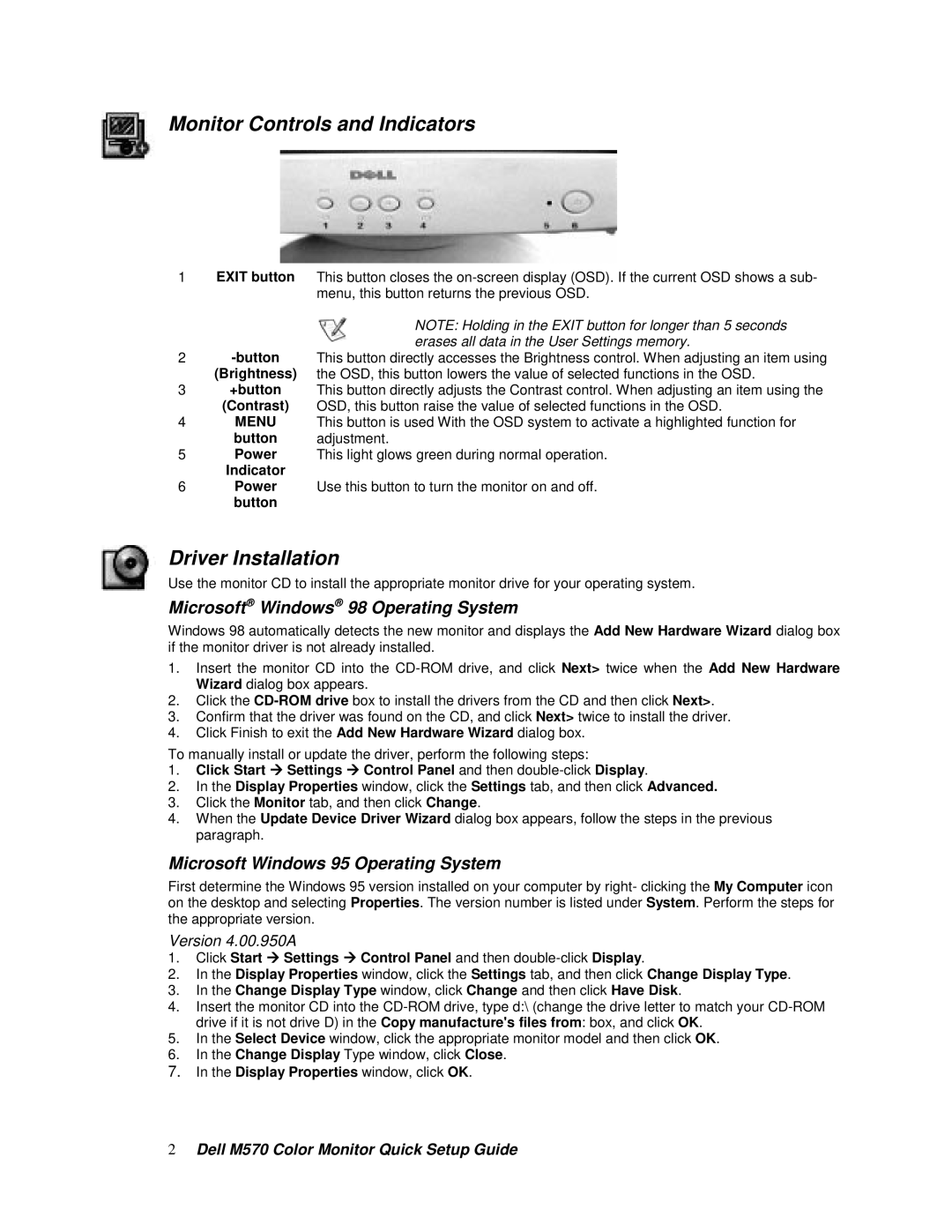 Dell M570 Monitor Controls and Indicators, Driver Installation, Microsoftâ Windowsâ 98 Operating System, Version 4.00.950A 