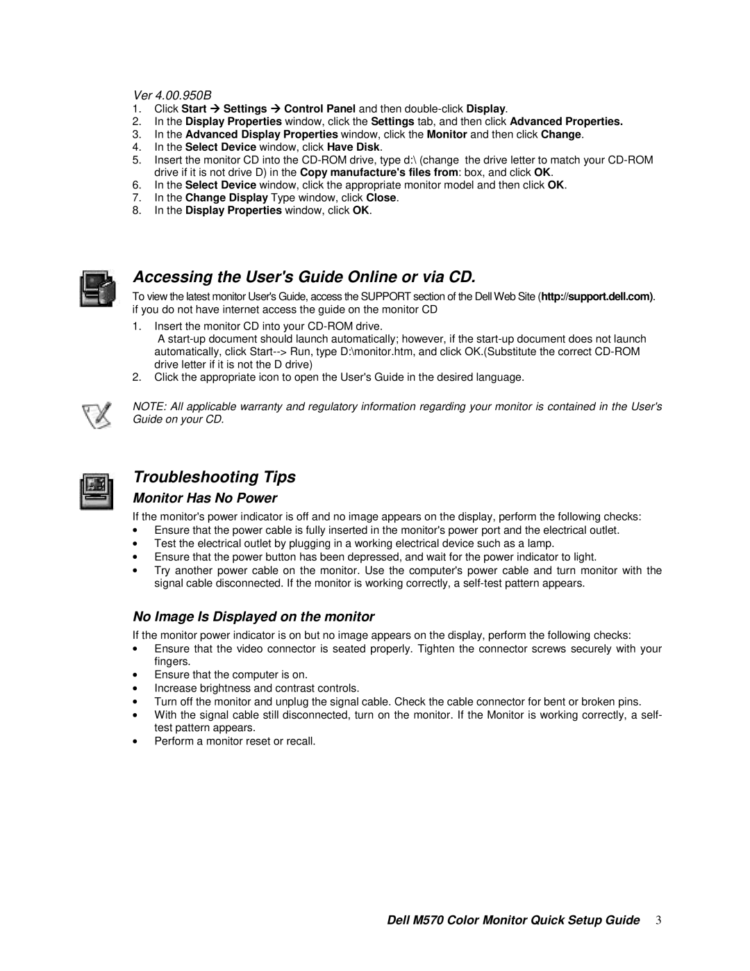 Dell M570 setup guide Accessing the Users Guide Online or via CD, Troubleshooting Tips, Monitor Has No Power, Ver 4.00.950B 