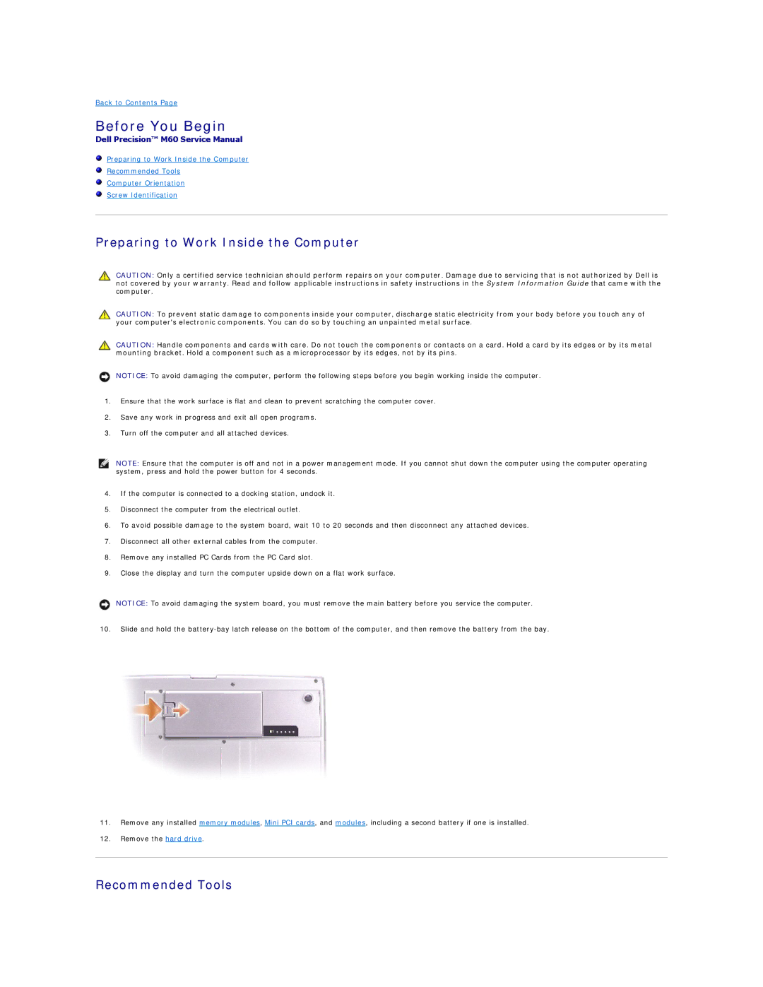 Dell M60 manual Before You Begin, Preparing to Work Inside the Computer, Recommended Tools 