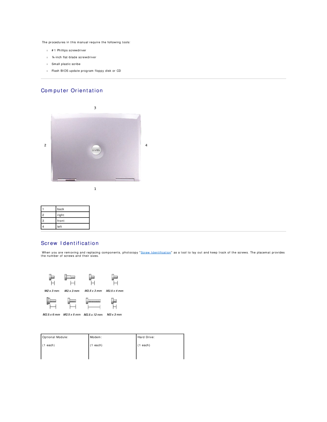 Dell M60 manual Computer Orientation, Screw Identification 