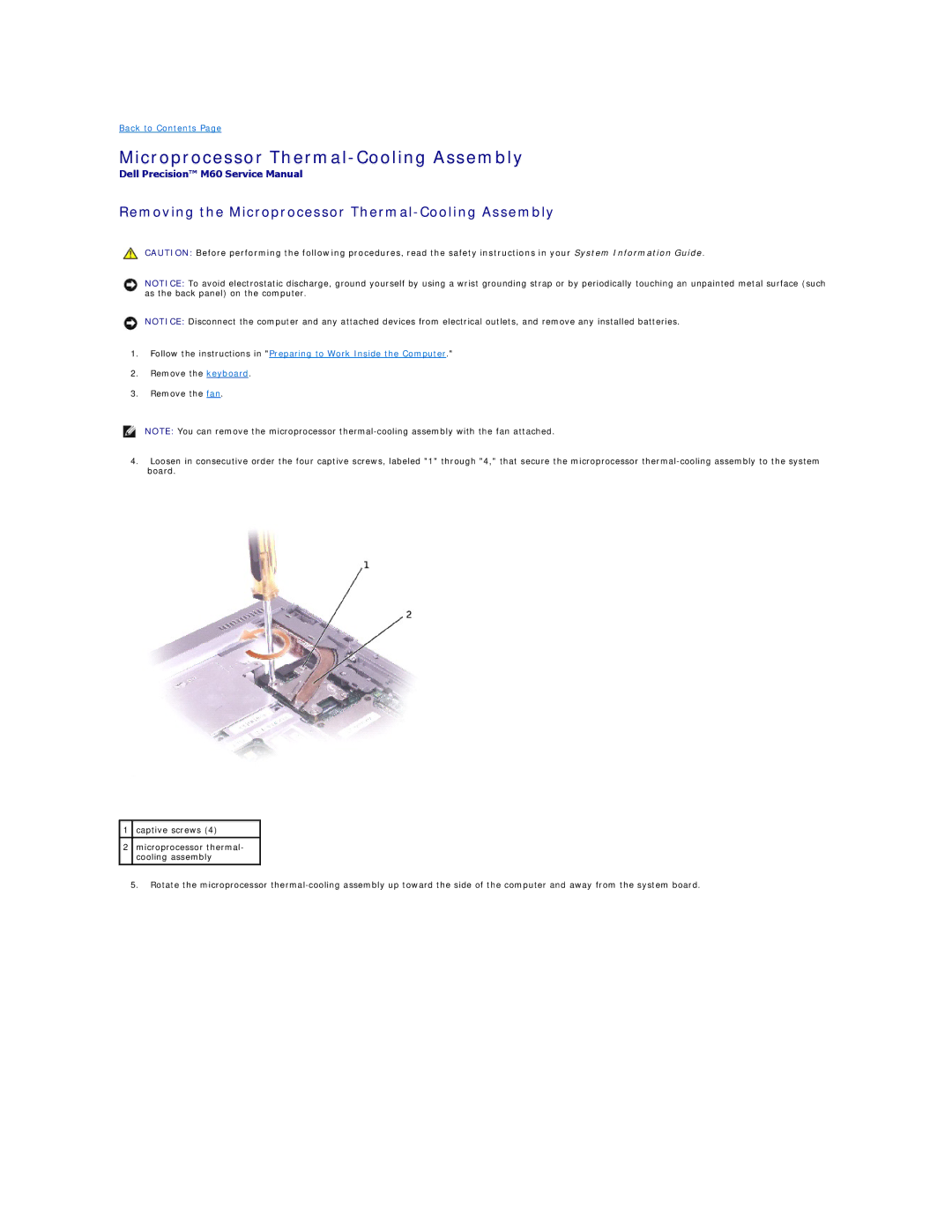 Dell M60 manual Removing the Microprocessor Thermal-Cooling Assembly 