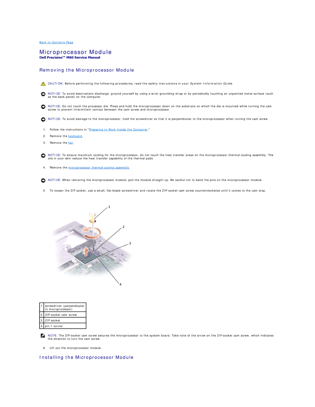 Dell M60 manual Removing the Microprocessor Module, Installing the Microprocessor Module 