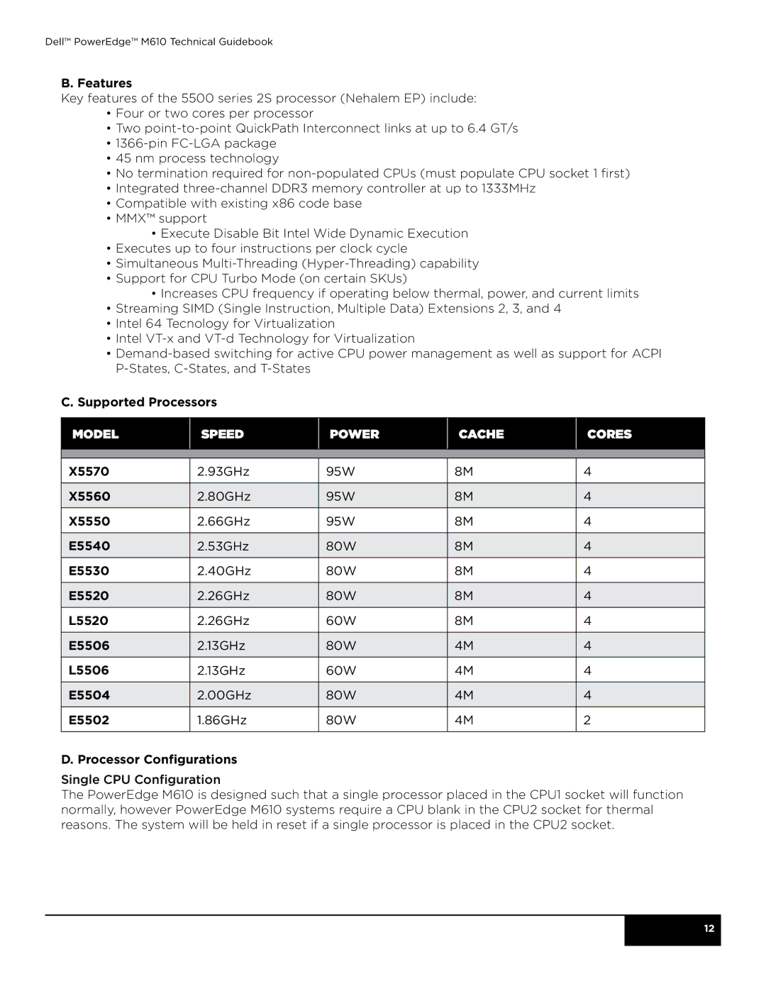 Dell M610 manual Model Speed Power Cache Cores 