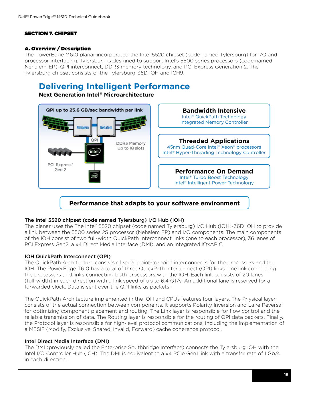 Dell M610 manual Delivering Intelligent Performance, Chipset Overview / Description 