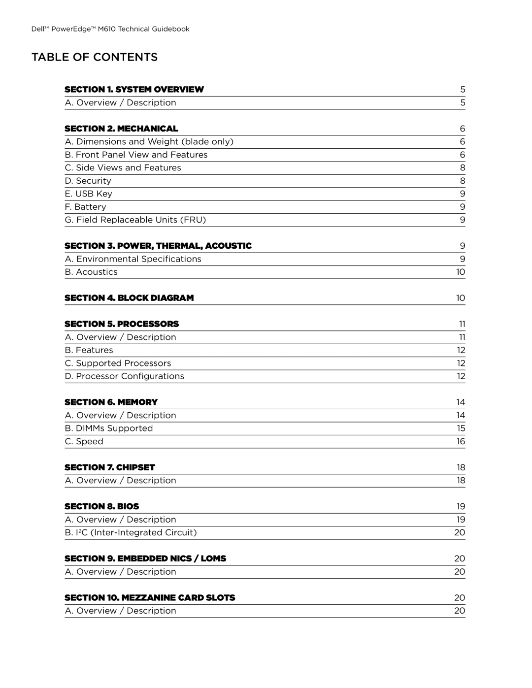 Dell M610 manual Table of Contents 