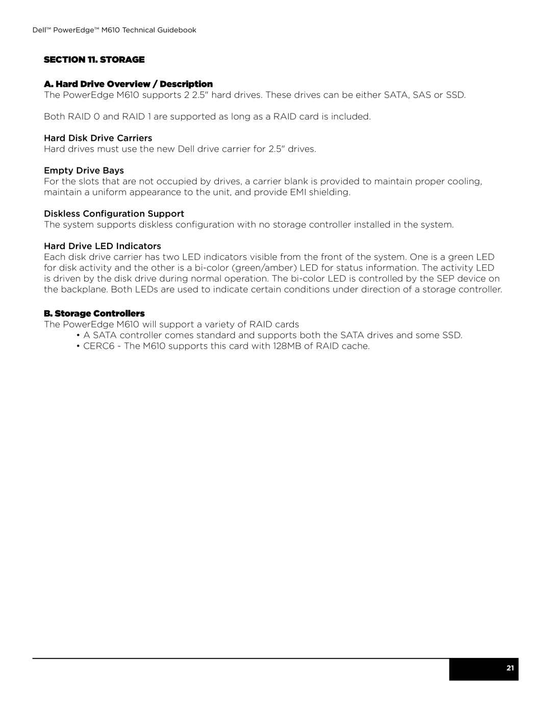 Dell M610 manual Storage Hard Drive Overview / Description, Storage Controllers 