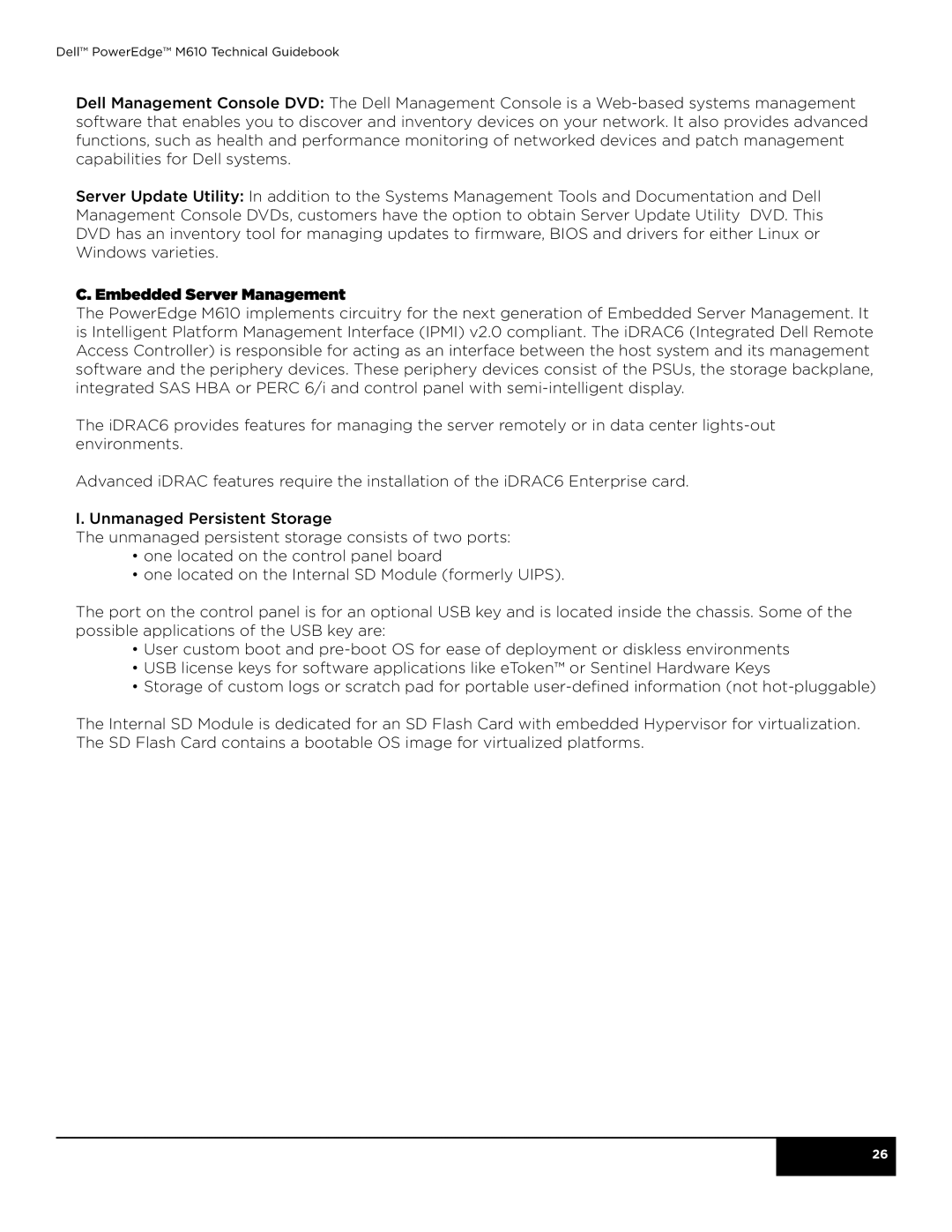 Dell M610 manual Embedded Server Management 