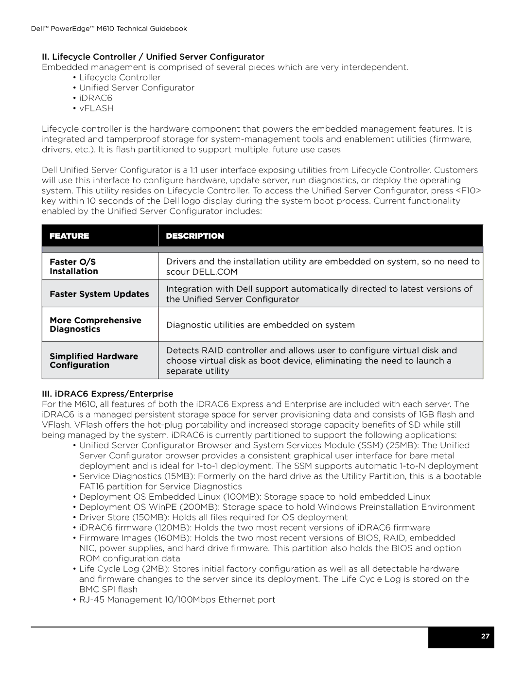 Dell M610 manual Feature Description 