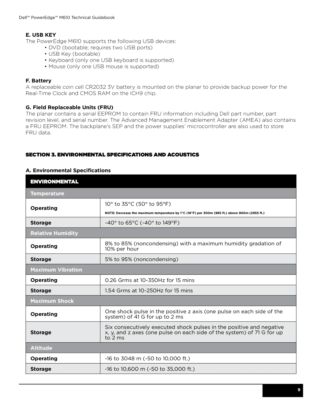 Dell M610 manual Environmental Temperature, Relative Humidity, Maximum Vibration, Maximum Shock, Altitude 