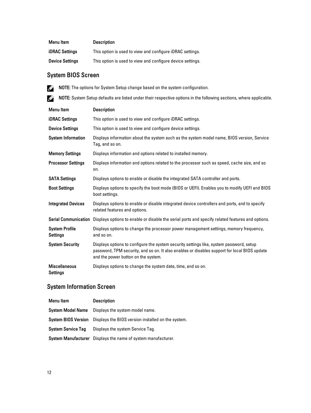 Dell M620 owner manual System Bios Screen, System Information Screen 