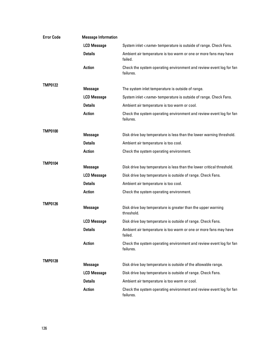 Dell M620 owner manual Details Ambient air temperature is too warm or cool Action, TMP0100 Message 