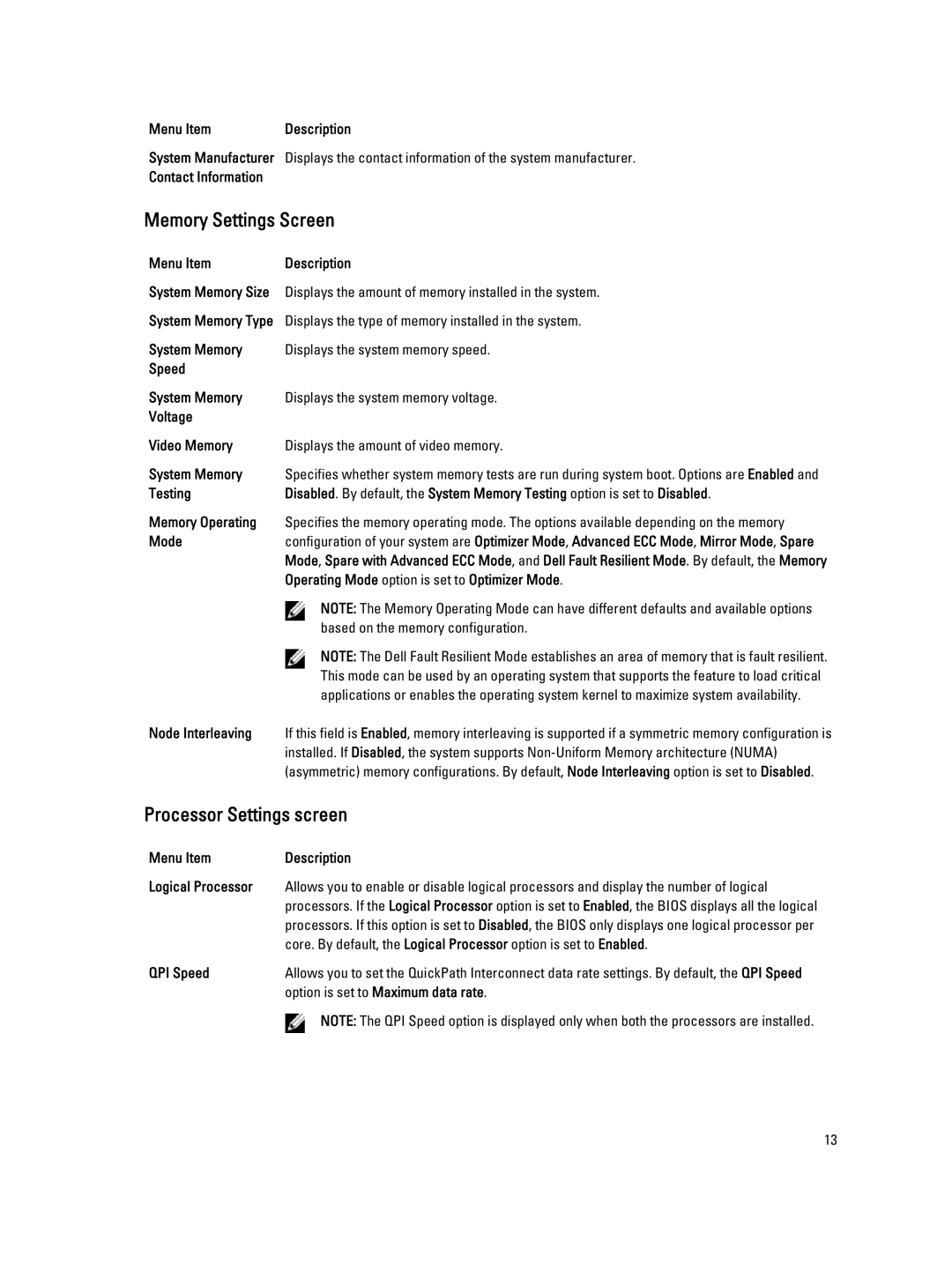 Dell M620 owner manual Memory Settings Screen, Processor Settings screen 