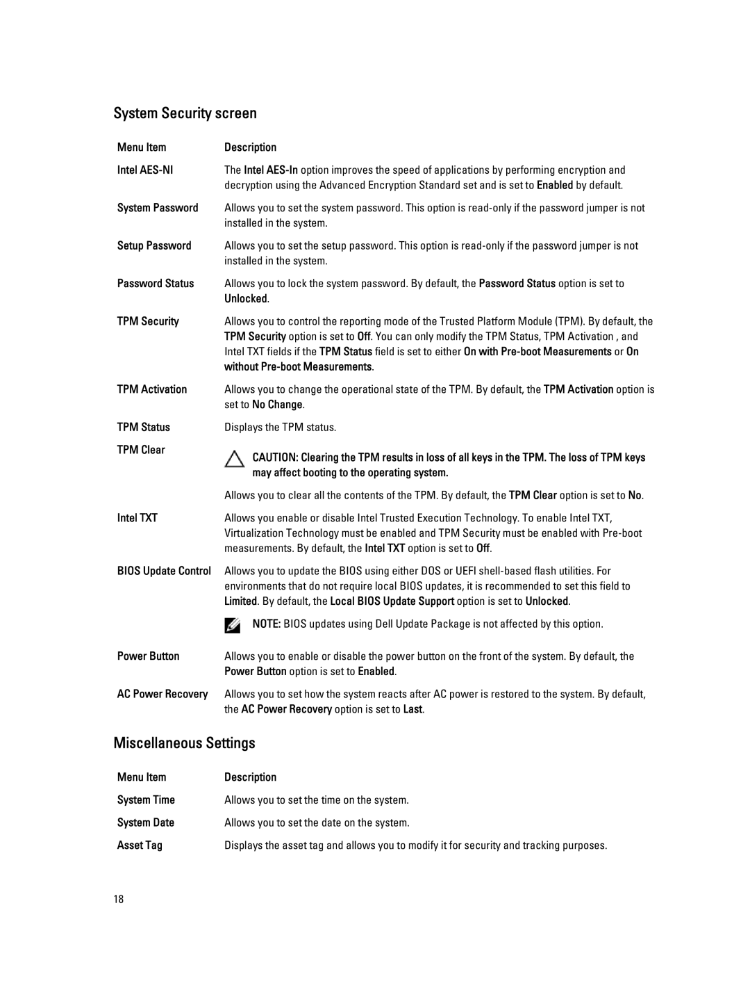 Dell M620 owner manual System Security screen, Miscellaneous Settings 