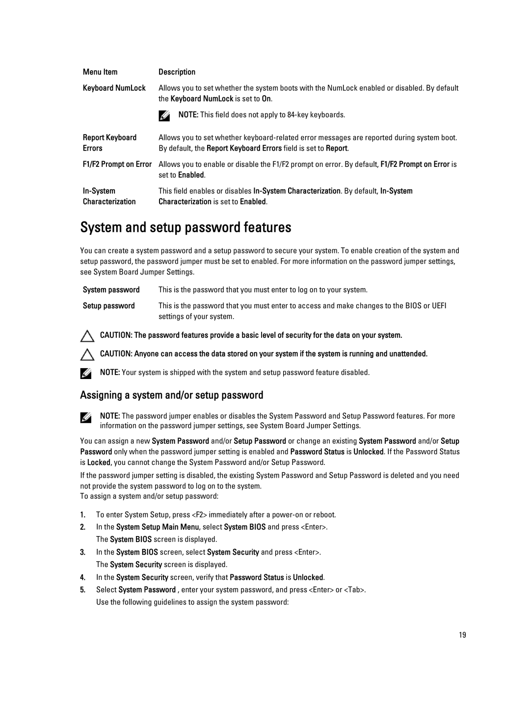 Dell M620 System and setup password features, Assigning a system and/or setup password, Keyboard NumLock is set to On 