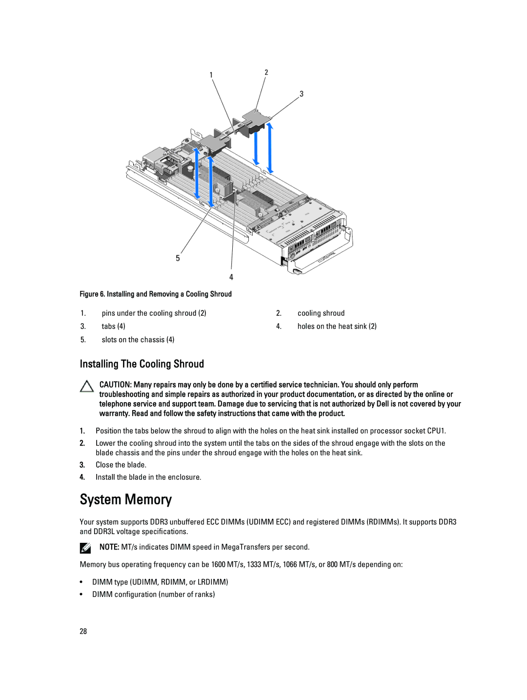 Dell M620 owner manual System Memory, Installing The Cooling Shroud 