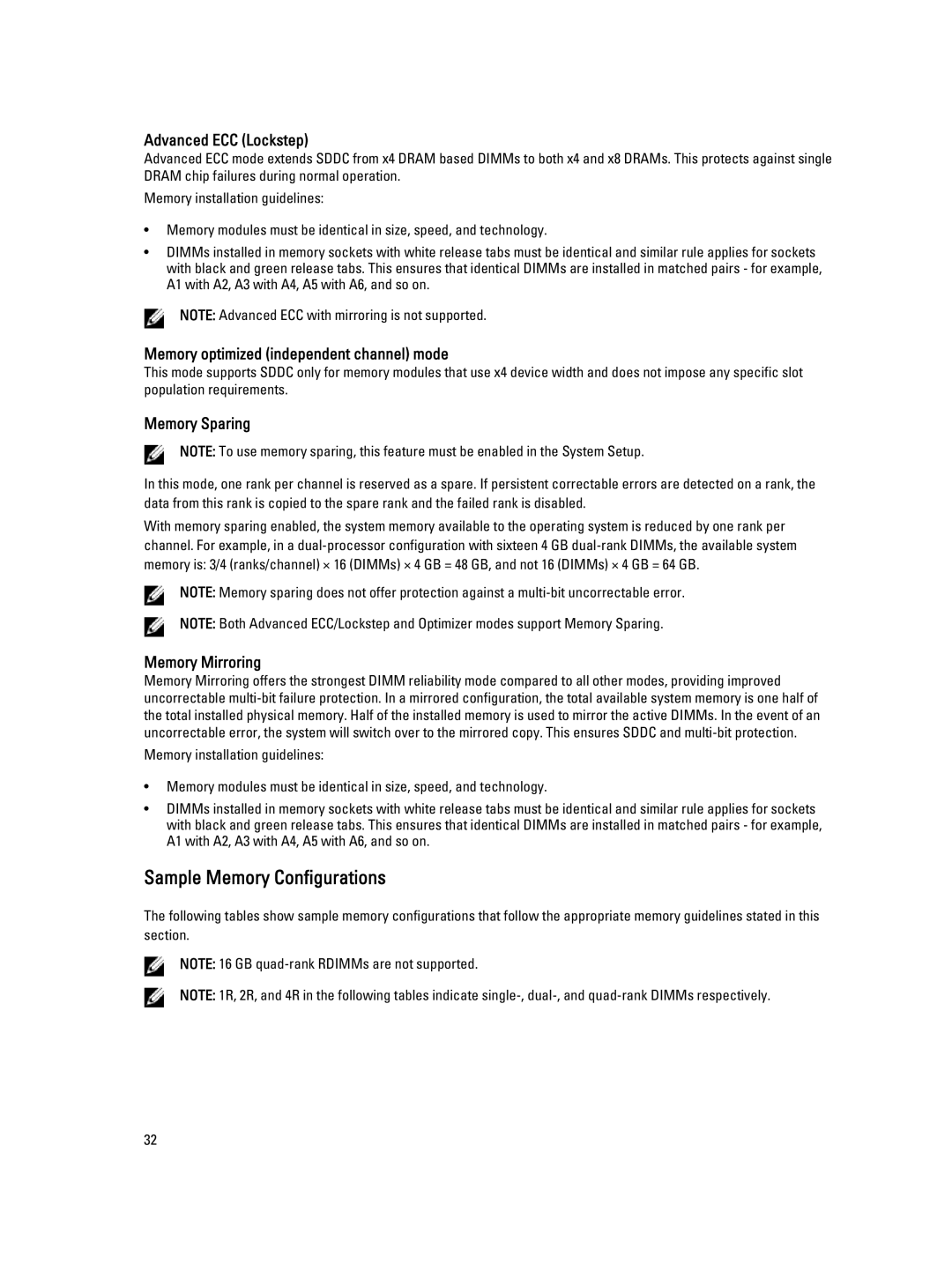 Dell M620 owner manual Sample Memory Configurations, Advanced ECC Lockstep 