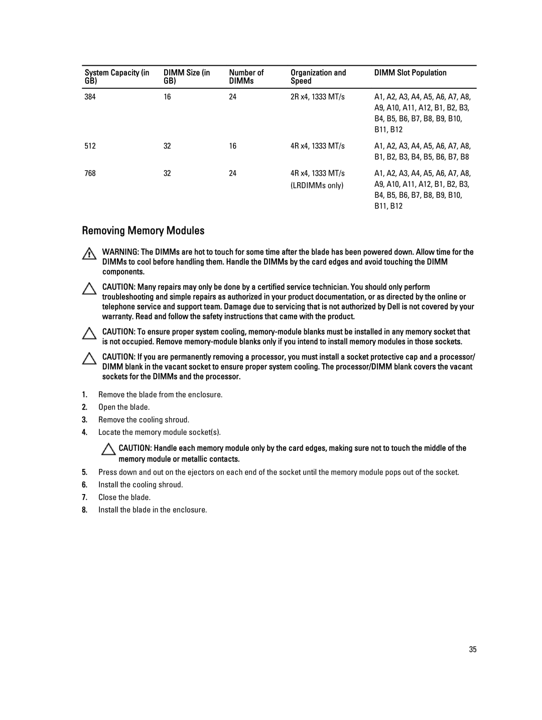 Dell M620 owner manual Removing Memory Modules 