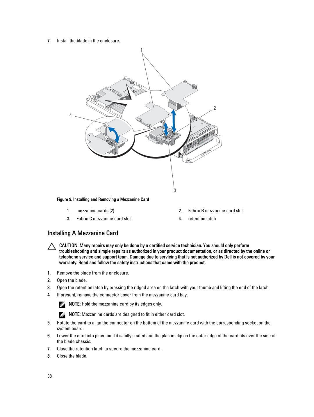 Dell M620 owner manual Installing a Mezzanine Card, Installing and Removing a Mezzanine Card 