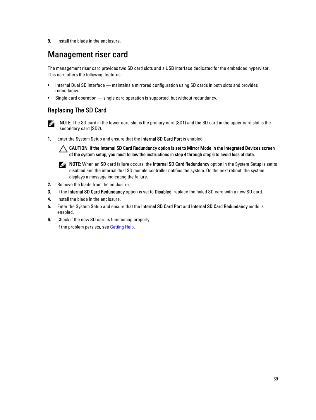 Dell M620 owner manual Management riser card, Replacing The SD Card 