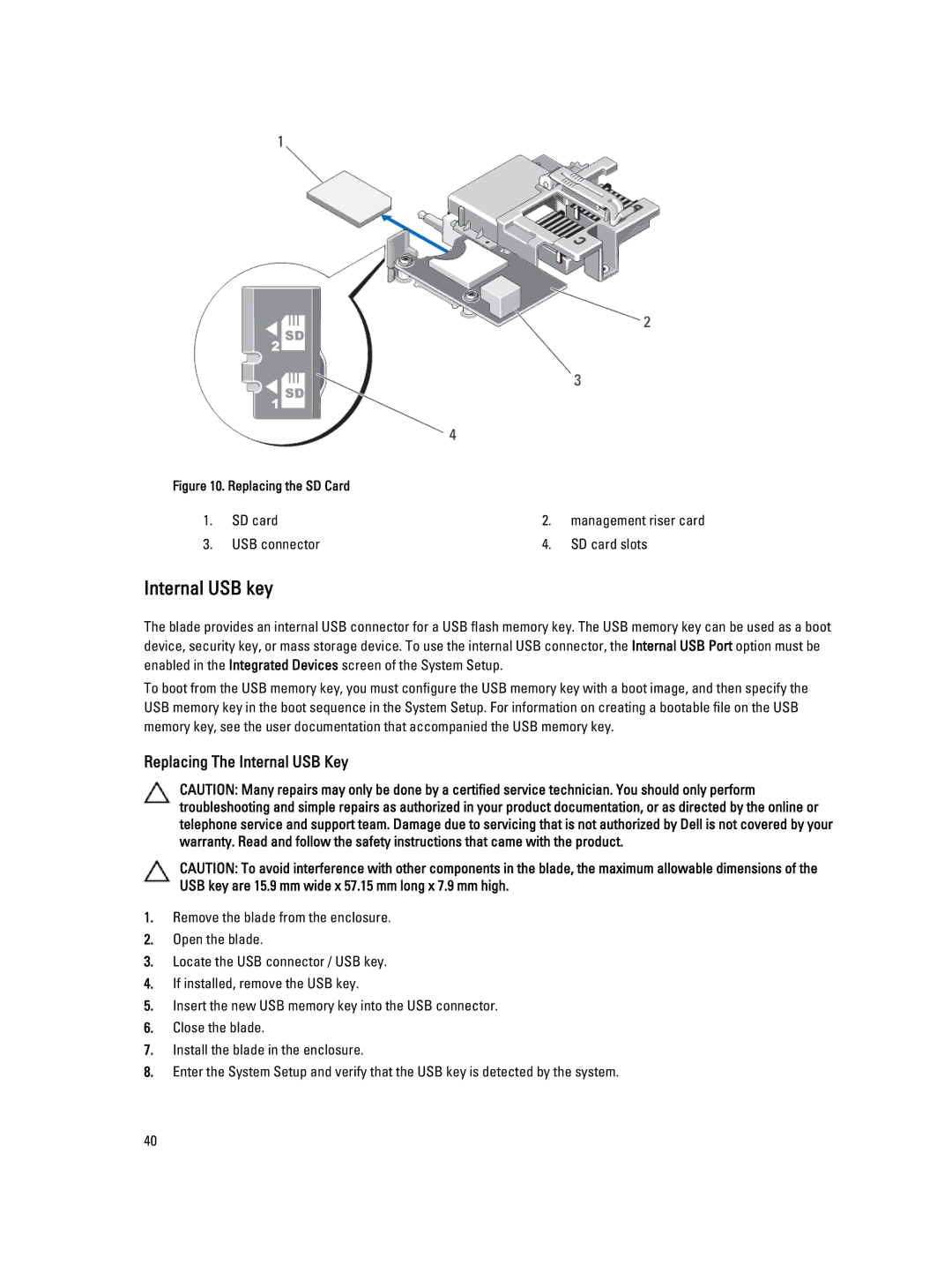 Dell M620 owner manual Internal USB key, Replacing The Internal USB Key 