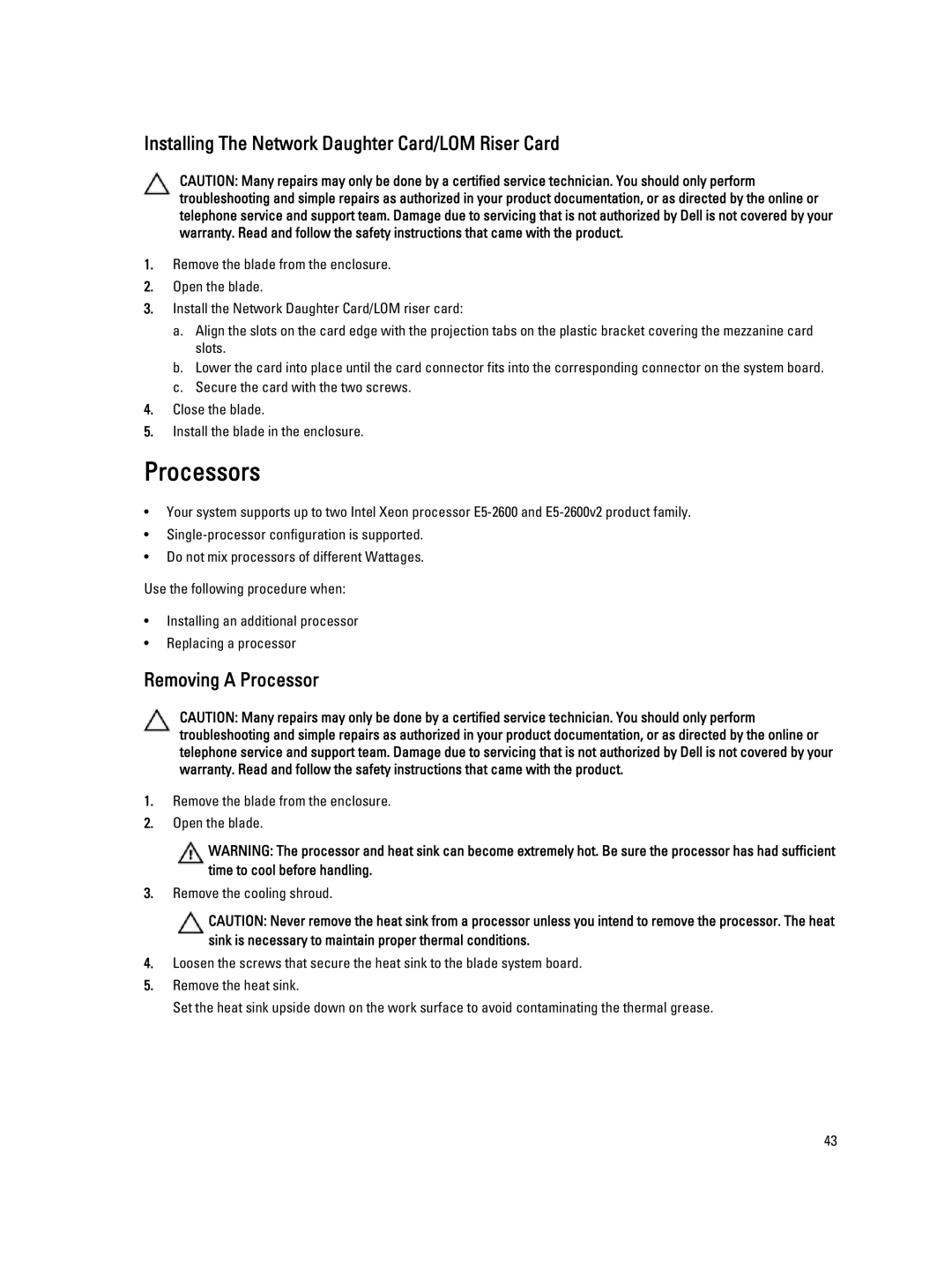 Dell M620 owner manual Processors, Installing The Network Daughter Card/LOM Riser Card, Removing a Processor 