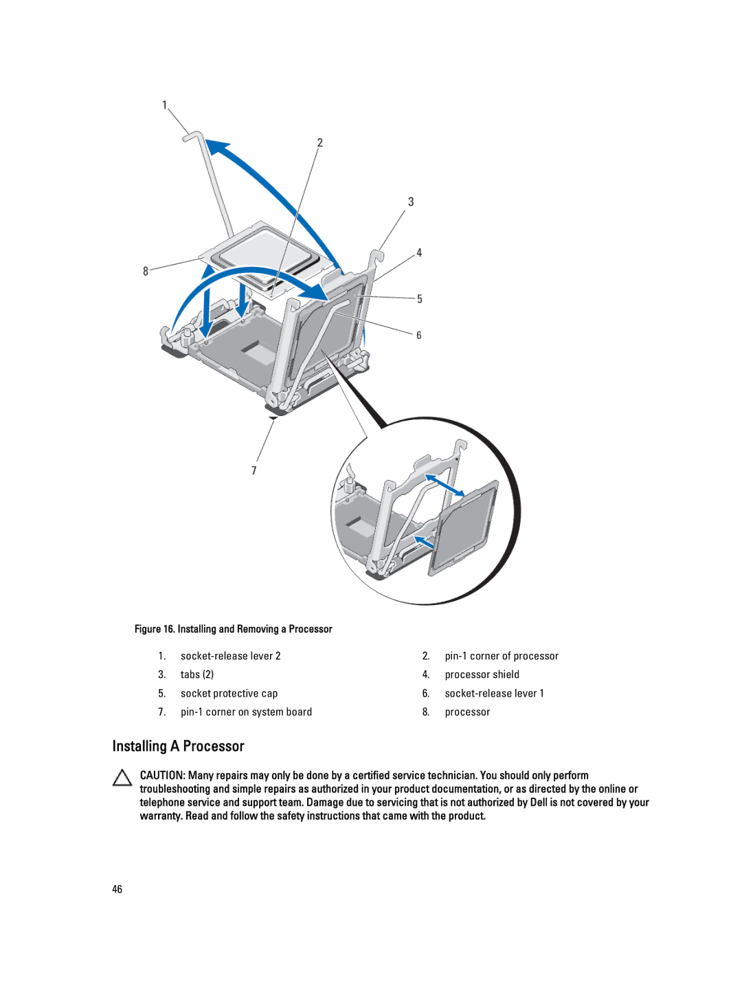 Dell M620 owner manual Installing a Processor, Installing and Removing a Processor 