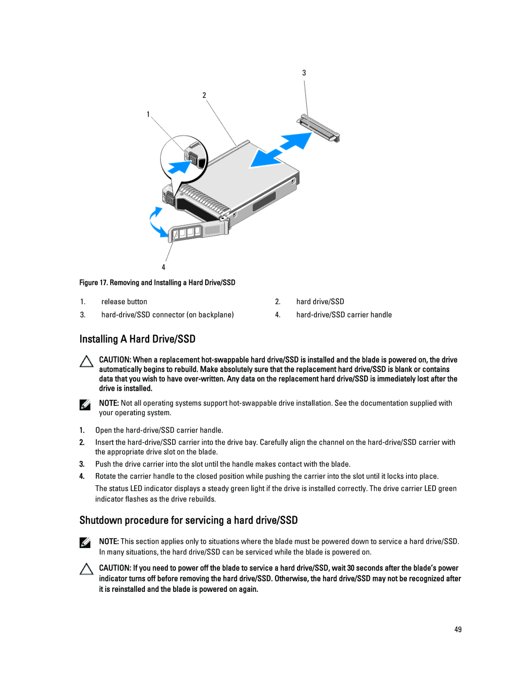 Dell M620 owner manual Installing a Hard Drive/SSD, Shutdown procedure for servicing a hard drive/SSD 